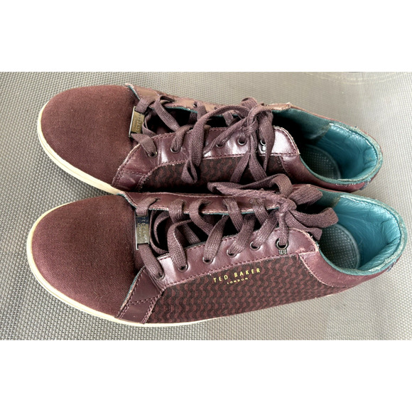 TED BAKER SIZE 10.5 PLUM/BLACK LACE-UP PRINT CANVAS LEATHER MEN'S SNEAKERS MEN'S - Picture 9 of 9